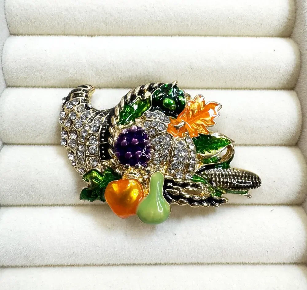 Thanksgiving Cornucopia Brooch Pin Rhinestone Harvest Fall Turkey 2